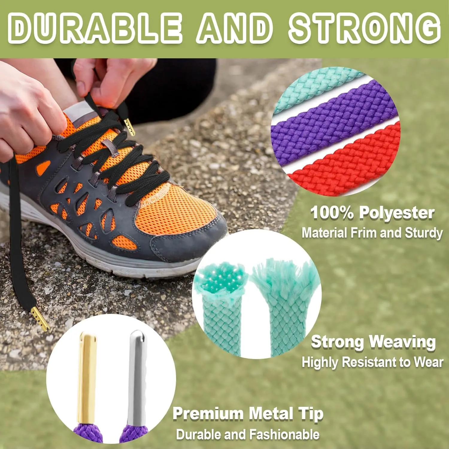 YJRVFINE Solid Flat Shoe Laces: Metal Tips Thick Shoelaces for Sneakers 2 Pair