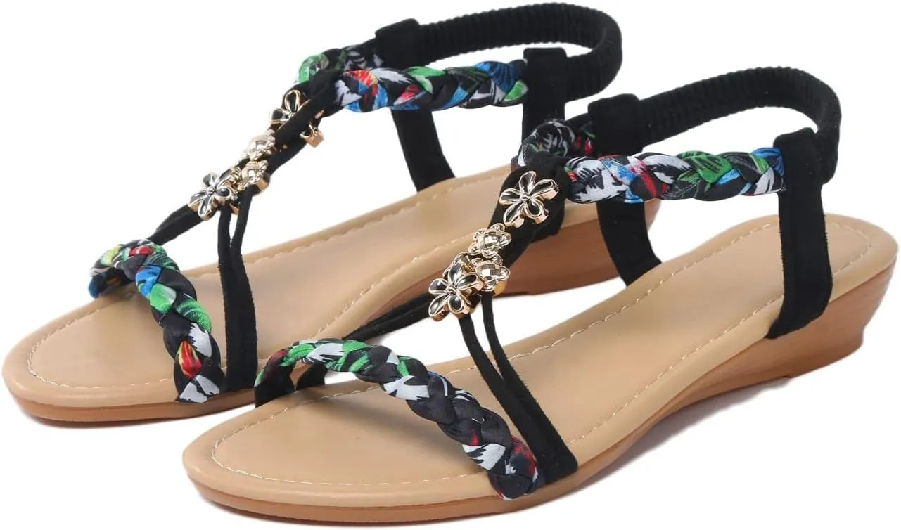 ZHOUYF Bohemian Sandals for Women Orthopedic Low Wedges Gladiator Sandals Casual Open Toe Vacation Sandals Summer Beach Shoes