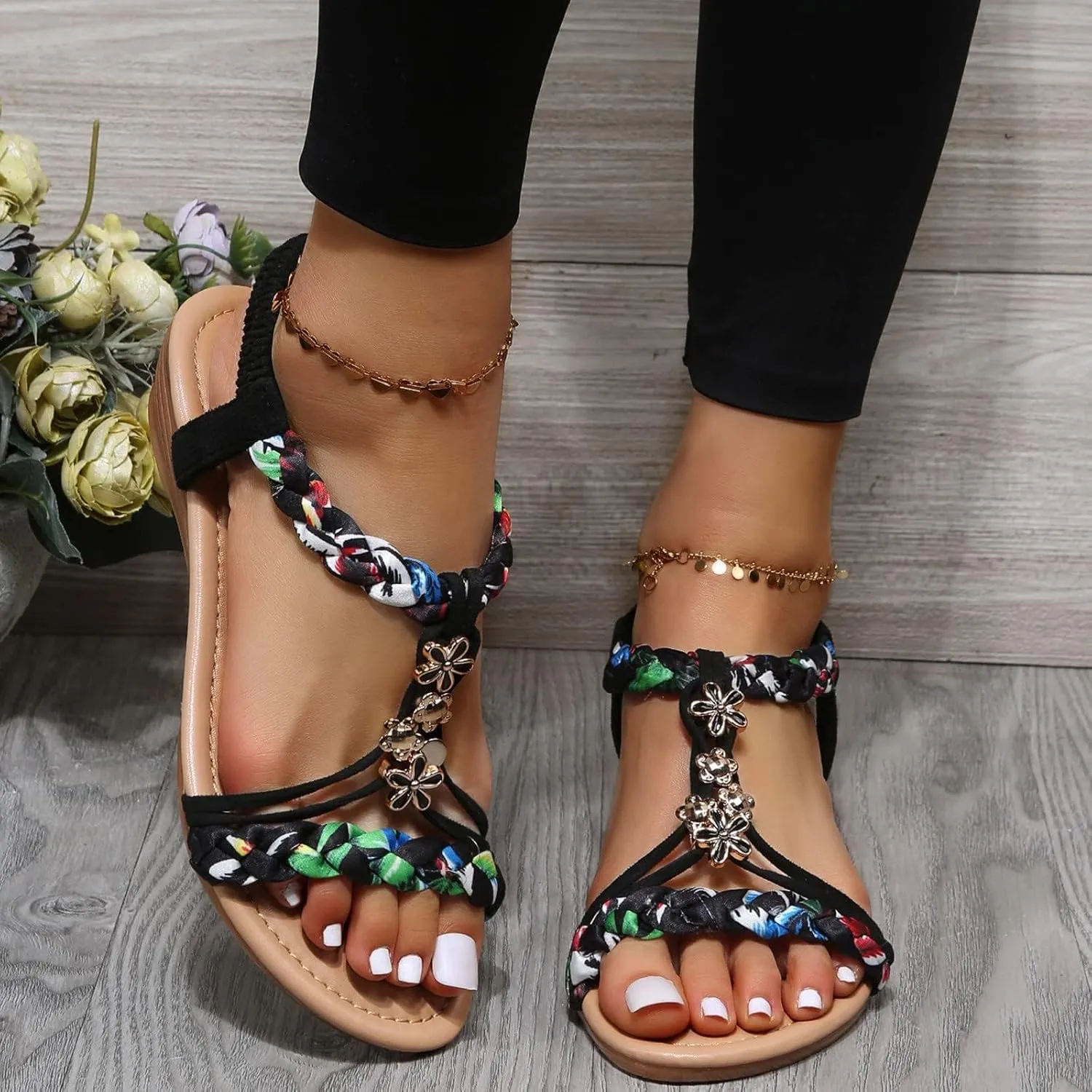 ZHOUYF Bohemian Sandals for Women Orthopedic Low Wedges Gladiator Sandals Casual Open Toe Vacation Sandals Summer Beach Shoes
