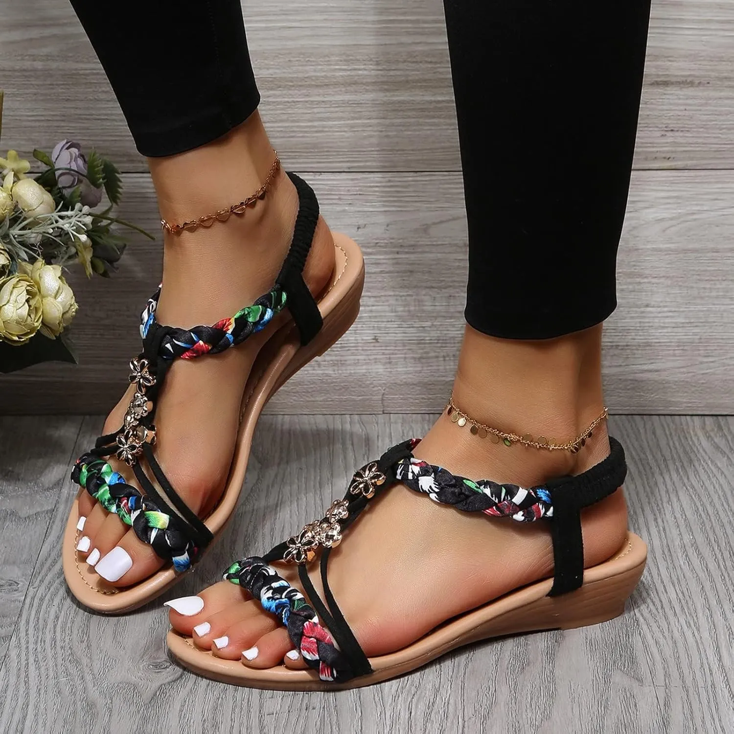 ZHOUYF Bohemian Sandals for Women Orthopedic Low Wedges Gladiator Sandals Casual Open Toe Vacation Sandals Summer Beach Shoes