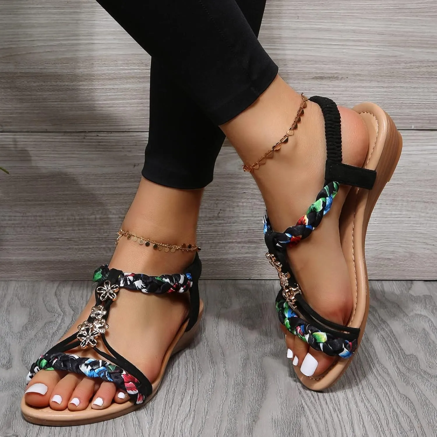 ZHOUYF Bohemian Sandals for Women Orthopedic Low Wedges Gladiator Sandals Casual Open Toe Vacation Sandals Summer Beach Shoes